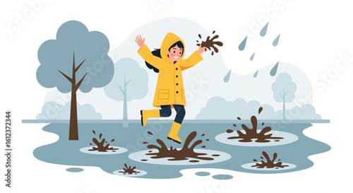 Joyful Girl Splashing Puddles in Yellow Raincoat During Rainy Autumn Weather