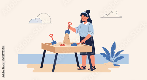 Illustration of a young woman building a sandcastle in a sandbox on a summer day near the ocean