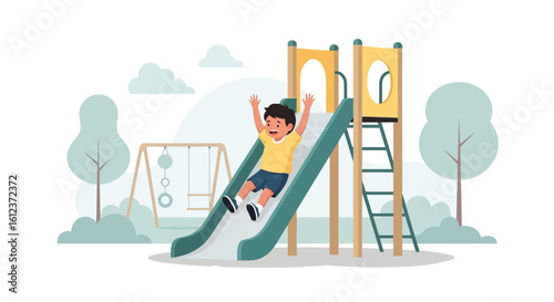 Joyful illustration of a boy sliding down a slide in a vibrant playground scene