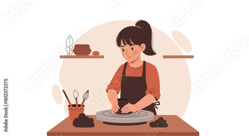 Illustration of a young woman creating pottery on a spinning wheel with tools
