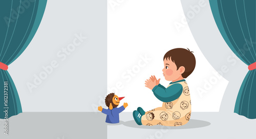 Illustration of a child enjoying a puppet show with curtains in the background scene