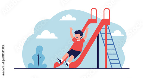 Joyful illustration of a child sliding down a red slide at the park with blue skies