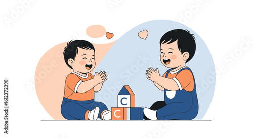 Joyful illustration of two toddlers clapping hands playing with blocks and hearts floating around them