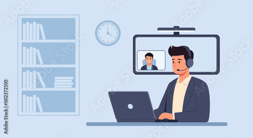 Man In Video Call Meeting Working From Home Office Illustration