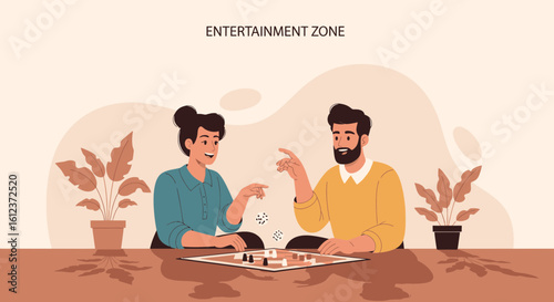 Illustration of a couple playing a board game in an entertainment zone with plants