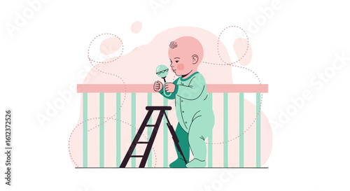 Illustration of baby reaching crib with ladder and rattle in a playful and sweet design