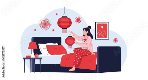 Preparing For Lunar New Year With Decorations In A Cozy Bedroom