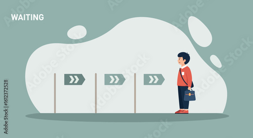 Man In Waiting Line With Arrows, Demonstrating Patience And Anticipation Concept