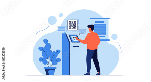 Man Interacting With Digital Kiosk For Self Service Operations Process