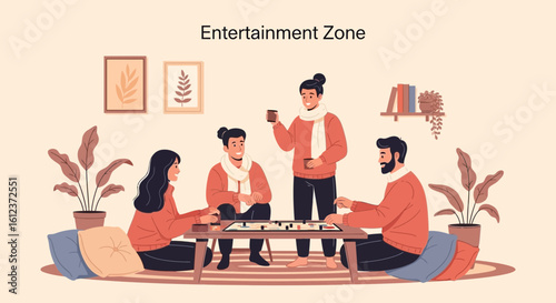 Illustration of friends playing board game together in cozy indoor entertainment zone
