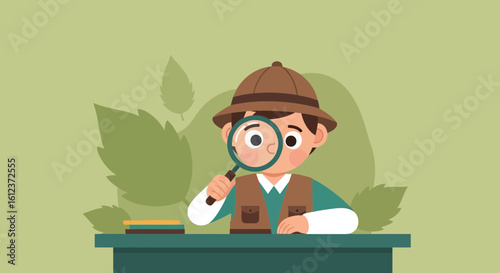 Illustration of a Curious Boy Exploring with a Magnifying Glass in Nature setting