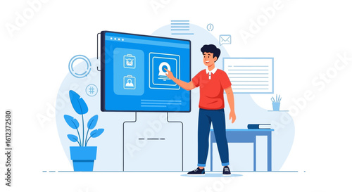 Man Interacting With Touch Screen Display Presenting Digital Data Visualization