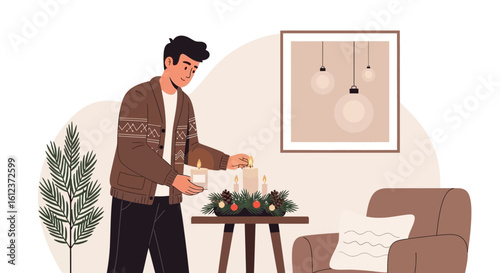 Man Lights The Advent Wreath In A Cozy Living Room For Holiday Decoration
