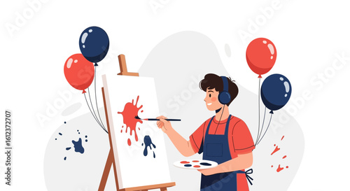 Joyful Painter Creates Abstract Art While Listening to Music with Balloons
