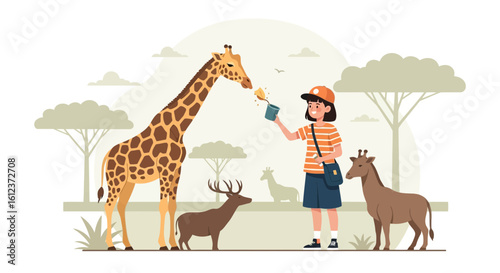 Illustration showcasing a girl feeding a giraffe in a wildlife park with other animals around creating a charming wildlife scene
