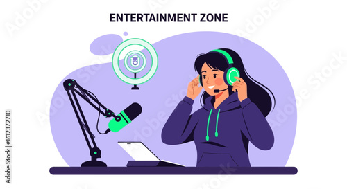 Illustration of a female podcaster recording a show with professional equipment in studio for online content creation