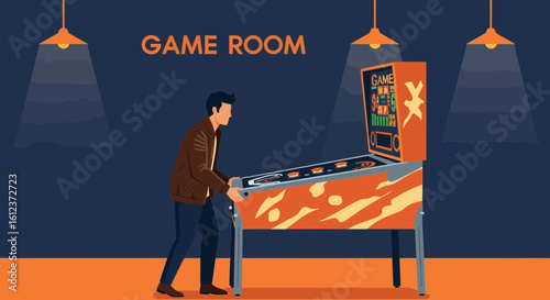 Man playing pinball machine in a retro game room with vintage lighting, a classic gaming experience