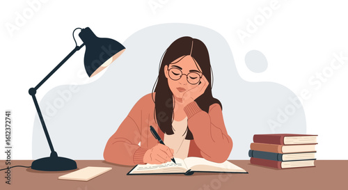 Illustration of a Focused Woman Studying at Her Desk Under the Lamp Light
