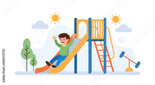 Joyful playtime: Boy enjoys a sunny day sliding down a vibrant playground slide