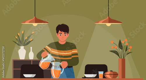 Man Pours Refreshing Juice In A Serene Dining Room With Floral Accents