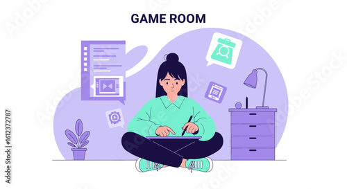 Illustration of a game room environment with a person working on a tablet device