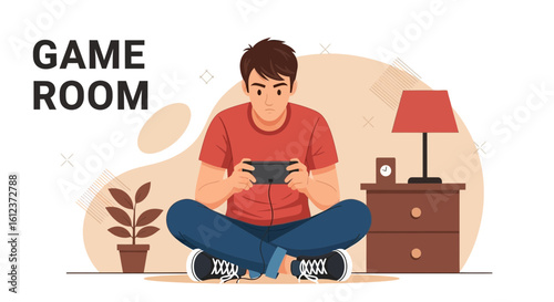 Illustration of a focused young man playing video games in his cozy game room