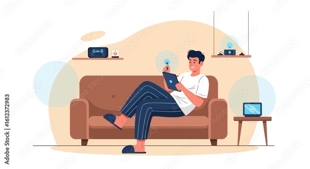 Fototapeta premium Man Relaxing At Home With Tablet Surrounded By Smart Home Devices