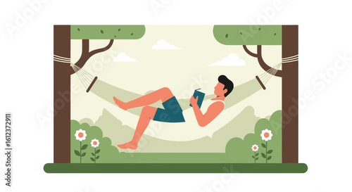 Man Reading Relaxing In A Hammock Between Trees On Summer Vacation