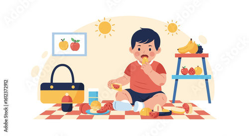 Joyful Toddler Enjoys a Healthy Picnic Lunch on a Sunny Summer Day