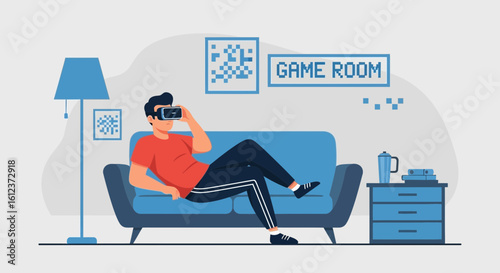 Man Relaxes In Virtual Reality On Couch In Game Room Illustration