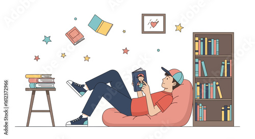 Man Relaxing At Home Reading A Book In A Comfortable Beanbag Chair