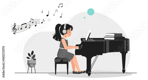 Illustration of a girl playing piano wearing headphones with music notes around her in a minimalist design