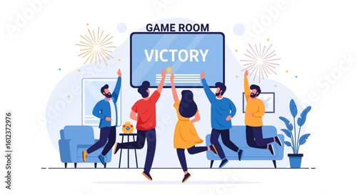 Joyful Victory Celebration in the Game Room: Team Euphoria with Fireworks