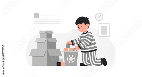 Illustrative Scene Of Boy Playing With Blocks And Cardboard Boxes At Home