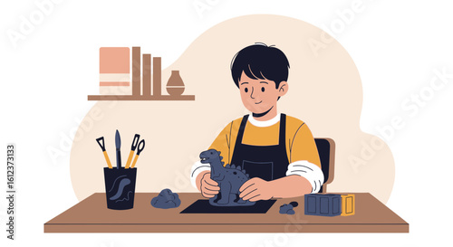 Joyful Young Artisan Creating A Dinosaur Sculpture From Clay At Home