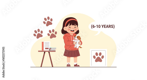 Illustration of a happy girl (6-10 years old) holding her puppy, surrounded by paw prints, books and warmth