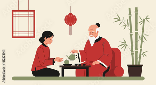 Illustrative Scene Of Traditional Tea Ceremony With Elder And Younger Person