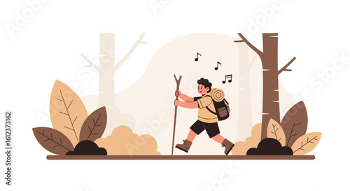 Illustration of a happy hiker trekking through a serene forest scenery