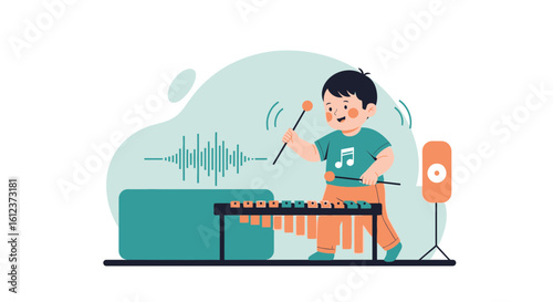 Joyful Young Boy Plays Xylophone Creating Music Illustration Background