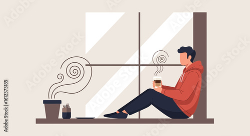 Man Sitting by Window Enjoying Coffee Moment of Peace and Contemplation