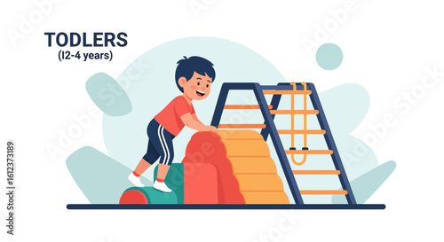 Joyful Young Boy Plays On Playground Equipment Climbing Adventure