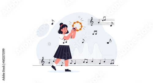 Joyful Young Girl Plays Tambourine With Musical Notes Around Her