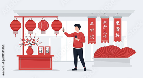 Man Taking Pictures Of Chinese New Year Decorations With Phone Camera