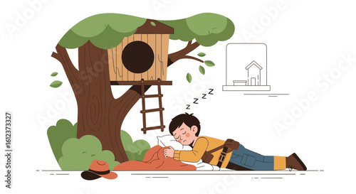 Lazy Afternoon Boy Sleeping Under Treehouse With His Dream On A Summer Day