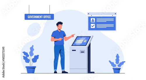 Man Using Automated Kiosk in Government Office for Digital Services
