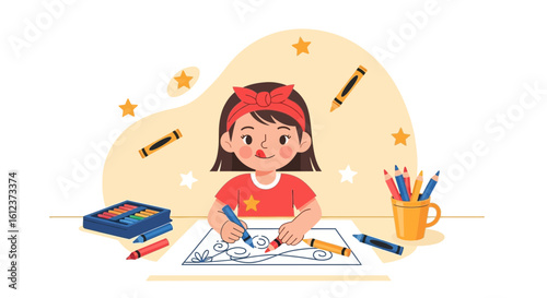 Illustration of a little girl coloring and drawing with crayons on paper happily