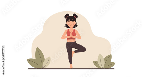 Meditating Woman Practicing Vrksasana Amidst Serene Foliage Illustration