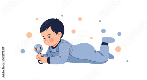 Infant Exploring The World Around Him With Simple Toy Rattle