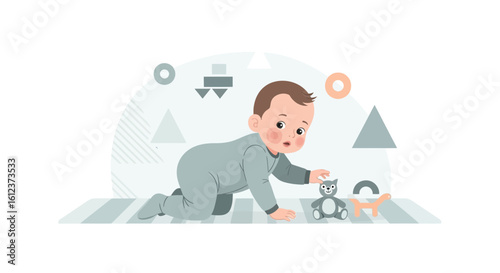 Infant illustration of a baby crawling while playing with toys on a striped rug