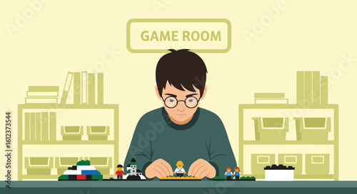 Illustration of a man playing with construction toys in a games room at home